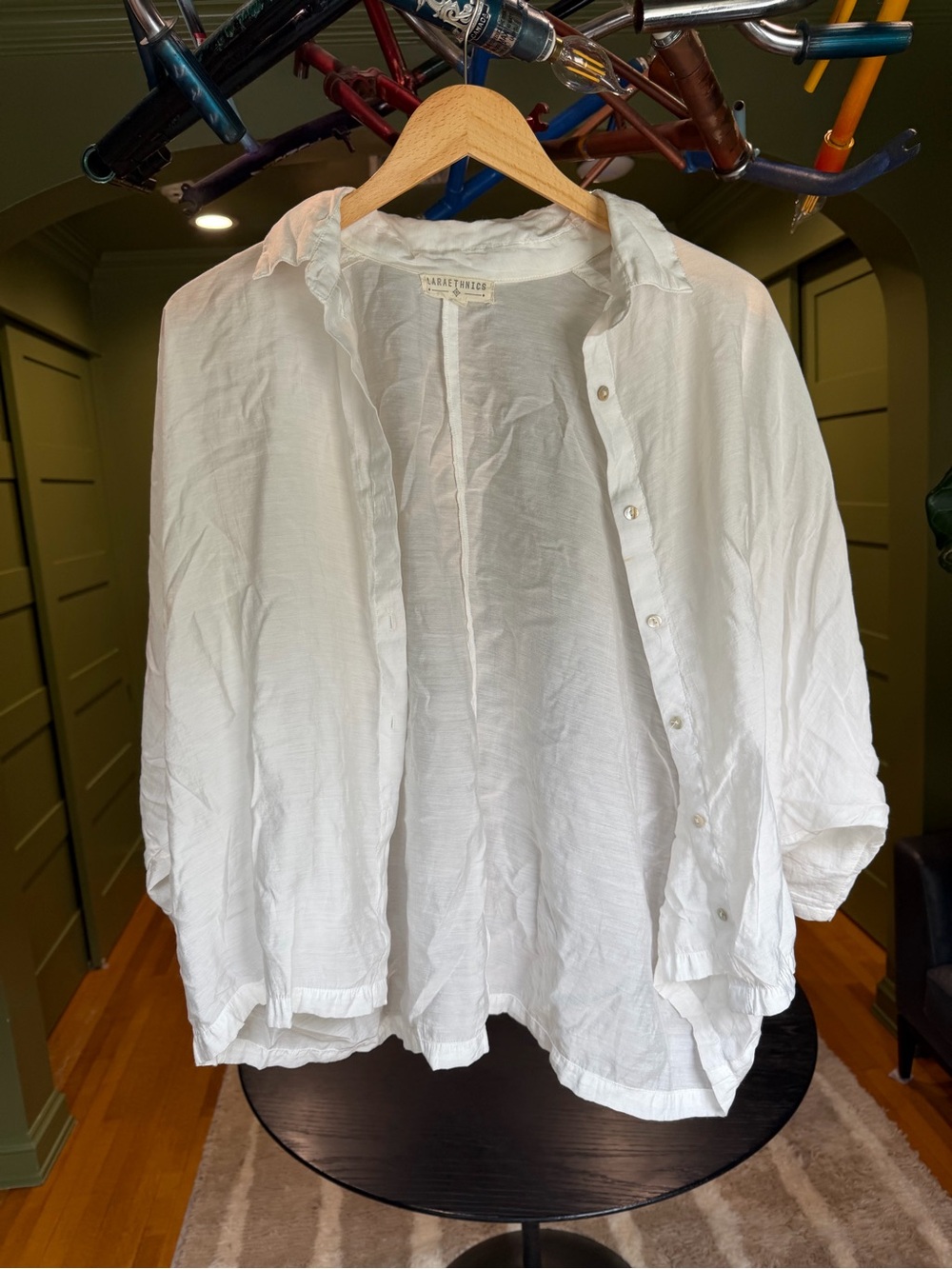 Laraethnics woman’s White Lightweight sheer Button-Up Shirt